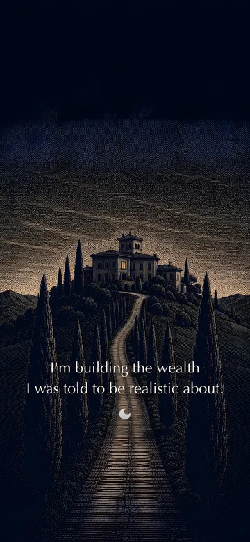 Money affirmations wallpaper — banknote-style engraving of a cypress drive rising to a hilltop estate at dusk, one lit window, with the affirmation 'I'm building the wealth I was told to be realistic about.' in serif type.
