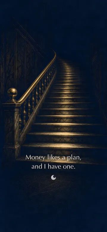 Money affirmations wallpaper — banknote-style engraving of a marble staircase ascending into darkness, steps lit in sequence, with the affirmation 'Money likes a plan, and I have one.' in serif type.