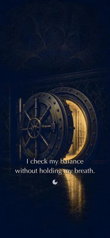 Money affirmations wallpaper — banknote-style engraving of a bank vault door ajar, warm light spilling onto dark stone, with the affirmation 'I check my balance without holding my breath.' in serif type.