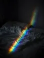 Refracted-light photograph: a band of refracted rainbow light lying across an unmade bed in a dark bedroom at first light.
