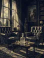 Banknote-style engraving: two leather chairs angled toward each other in a lamplit private study, a decanter between them.