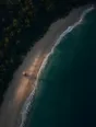 Dawn aerial photograph: an empty curving beach at dawn with one lifeguard hut, seen from above.