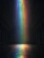 Refracted-light photograph: a tall veil of spectral light filling the center of a dark empty hall.