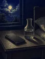 Banknote-style engraving: a phone lying face-down and dark on a moonlit nightstand beside a carafe of water.