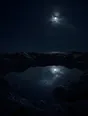 Dark elemental photograph: a still tidal pool in dark volcanic rock under moonlight, the sky's reflection in the water rendering as small glowing marks.