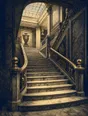Banknote-style engraving: a marble staircase with a brass rail ascending toward daylight from a skylight.