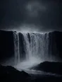 Dark elemental photograph: a waterfall pounding a black rock basin under grey light, the crown of rising mist dissolving into faint glowing marks.