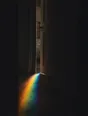 Refracted-light photograph: a bedroom door ajar at night, refracted light spilling across the hallway floor.