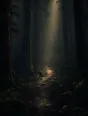 Dark elemental photograph: a foggy forest trail lit by one shaft of pale gold light, the far end of the path dissolving into a thin veil of glowing marks.