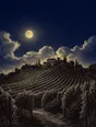 Banknote-style engraving: moonlit vineyard rows leading up a hillside to a dark villa.