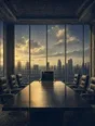 Banknote-style engraving: an empty boardroom at dawn, the head chair pulled out, first light across the table and skyline.