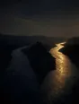 Dark elemental photograph: a river splitting around black rock at dusk, only one branch lit gold, its farthest bend dissolving into glowing marks.