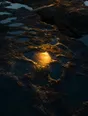 Dawn aerial photograph: rocky tide pools at first light, one pool catching the sun and glinting gold.
