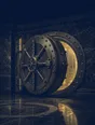 Banknote-style engraving: a massive circular vault door slightly ajar, warm light leaking across a marble floor.