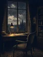 Banknote-style engraving: a tidy desk in a warm lamp pool while grey storm daylight rains against the tall window.