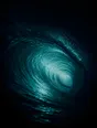 Dark elemental photograph: the inside of a curling wave lit deep teal from within, the closing lip overhead dissolving into small glowing marks.