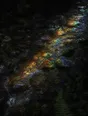 Refracted-light photograph: spectral light shimmering on a dark forest stream running over stones.