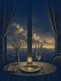 Banknote-style engraving: a table set for one by a tall window at dusk, a grand skyline distant beyond the glass.