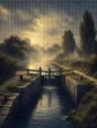 Banknote-style engraving: a stone canal lock in morning mist, low sun burning through fog over the water.