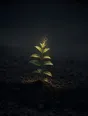 Dark elemental photograph: a single green sapling in a black ash field under one warm beam, its newest top leaves dissolving into small glowing marks.