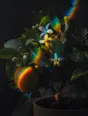 Refracted-light photograph: a citrus branch carrying ripe fruit and open blossom at once, crossed by refracted light.