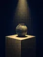 Banknote-style engraving: a single handmade vessel on a gallery plinth under one spotlight.