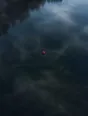 Dawn aerial photograph: one red mooring buoy on a glassy lake in blue-hour mist, seen from above.