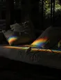 Refracted-light photograph: a linen daybed in a dark garden room, a band of refracted light across the cushions.