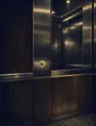 Banknote-style engraving: a private elevator interior in steel and walnut with one unmarked button glowing.