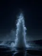 Dark elemental photograph: a geyser erupting at blue pre dawn, the highest reach of the steam plume dissolving into silver blue marks.