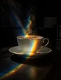 Refracted-light photograph: steam rising from a porcelain teacup through a band of refracted light in a dark kitchen.
