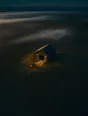 Dawn aerial photograph: a barn at first light with doors open and a cart already out, mist beyond.