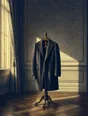 Banknote-style engraving: one tailored overcoat on a wooden valet stand in a spare dressing room, a bright morning beam across it.