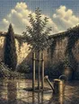 Banknote-style engraving: a young staked tree in a walled courtyard after morning rain, a watering can beside it.
