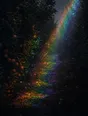 Refracted-light photograph: an orchard row heavy with fruit at dusk, refracted light falling down the path.