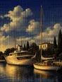 Banknote-style engraving: a grand yacht and a small wooden sailboat moored side by side at golden hour.