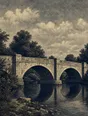Banknote-style engraving: a solid stone arch bridge across calm water under a soft overcast sky.