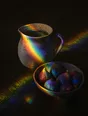 Refracted-light photograph: a ceramic pitcher and a bowl of figs on a dark counter, crossed by refracted light.