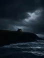 Dark elemental photograph: a lone house on a storm headland with one warm lit window, a sparse drift of silver marks inside one storm cell above.