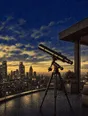 Banknote-style engraving: a telescope on a penthouse terrace at dusk, aimed at the glowing city below.