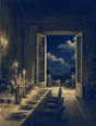 Banknote-style engraving: a long candlelit dinner table set for many, doors open to a night terrace.
