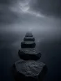 Dark elemental photograph: dark stepping stones crossing still water into mist, the stone after next half formed in small glowing marks.