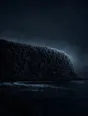 Dark elemental photograph: a cliff of hexagonal basalt columns at silver dusk, the newest columns at one end dissolving into glowing marks.