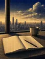 Banknote-style engraving: an open blank notebook with a pencil and coffee cup on a desk at dawn, city skyline beyond the glass.