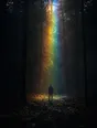 Refracted-light photograph: a figure seen from behind in a dark forest, facing a tall veil of prismatic light.