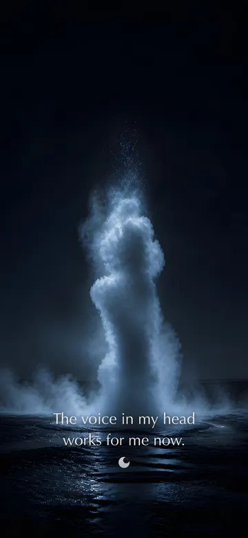 Self-talk affirmations wallpaper: dark elemental photograph of a geyser erupting at blue pre-dawn, its plume crown dissolving into small glowing marks, with the affirmation 'The voice in my head works for me now.' in serif type.