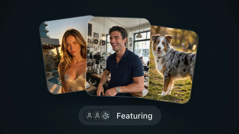 Photos of two people and a dog above a Featuring button