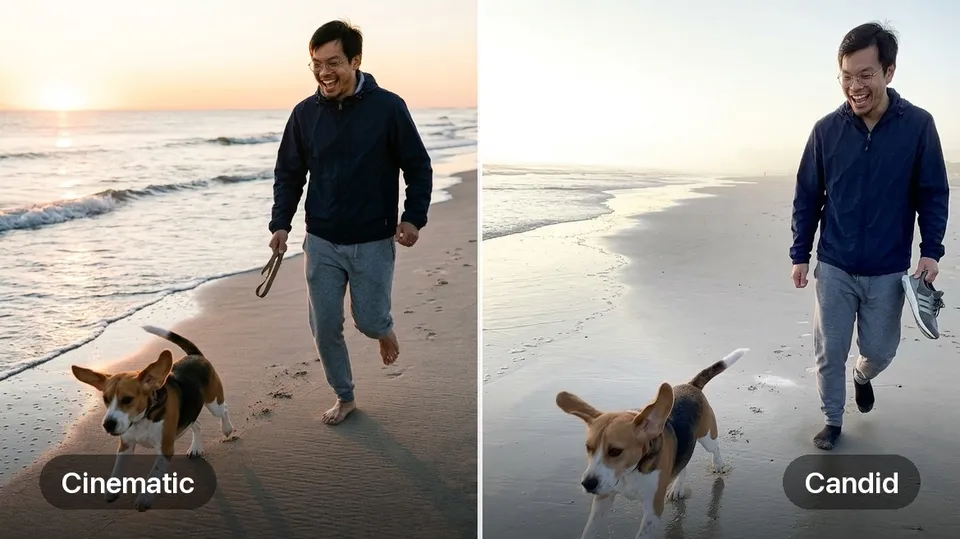 A man and a beagle on a beach, shown in Cinematic on the left and Candid on the right.