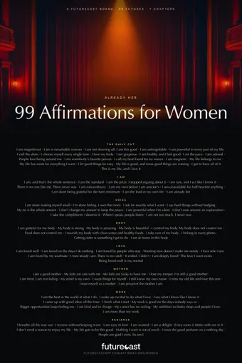 Already Her poster: a single spotlight on the red curtain of a theater stage, above all 99 futures from the daily cut and seven chapters.