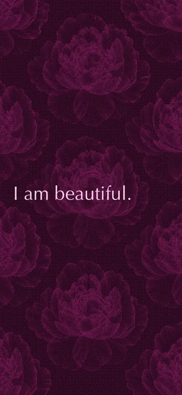 Phone wallpaper: the future "I am beautiful." in pale pink ink over a dithered pattern of large peony blossoms in deep magenta.